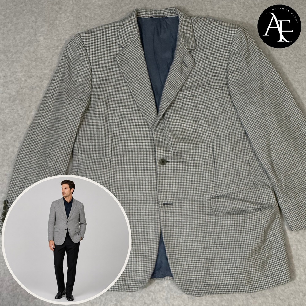 Canali Silk Linen Wool Houndstooth Sport Coat Blazer Blue White IT 54R US 44R